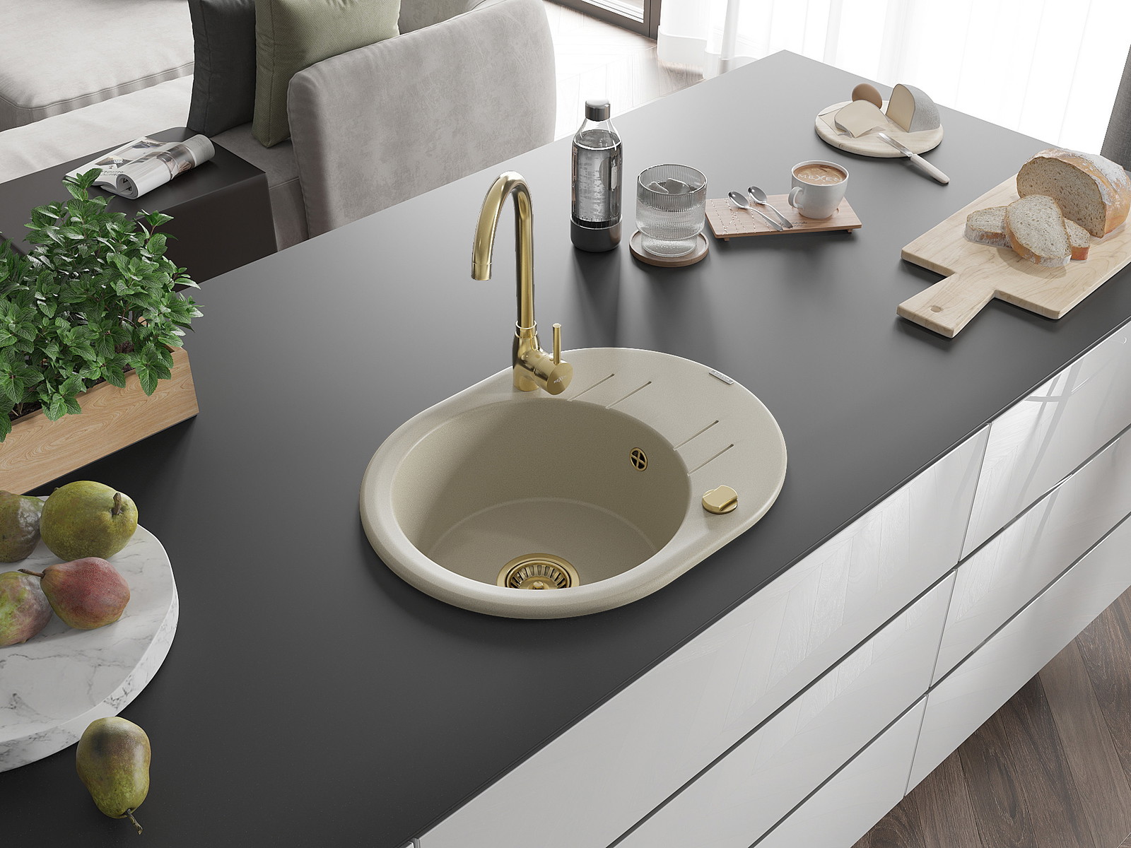 Mexen Kevin granīta izlietne ar 1 nodalījumu un notecinātāju 586 x 458 mm, bēšs, sifons zeltains - 6517581005-69-G